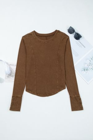 Women's Coffee Brown Ribbed Long Sleeve Top with Exposed Seams and Button Cuffs