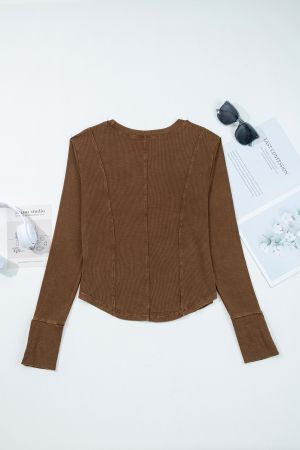 Women's Coffee Brown Ribbed Long Sleeve Top with Exposed Seams and Button Cuffs
