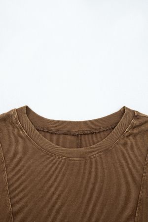 Women's Coffee Brown Ribbed Long Sleeve Top with Exposed Seams and Button Cuffs