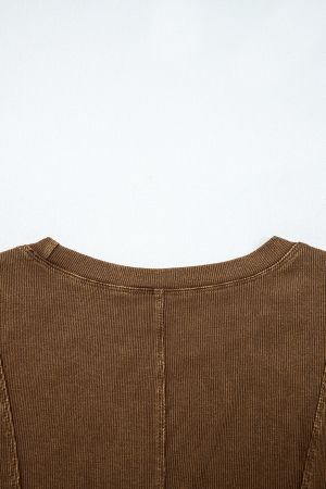 Women's Coffee Brown Ribbed Long Sleeve Top with Exposed Seams and Button Cuffs