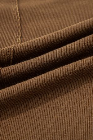 Women's Coffee Brown Ribbed Long Sleeve Top with Exposed Seams and Button Cuffs