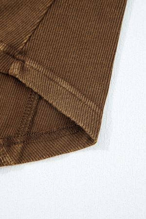 Women's Coffee Brown Ribbed Long Sleeve Top with Exposed Seams and Button Cuffs