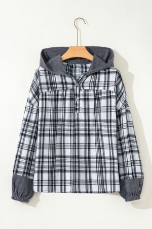 Women's Grey Plaid Hooded Blouse with Contrast Cuffs