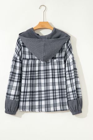 Women's Grey Plaid Hooded Blouse with Contrast Cuffs