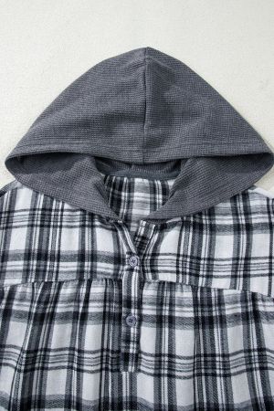 Women's Grey Plaid Hooded Blouse with Contrast Cuffs