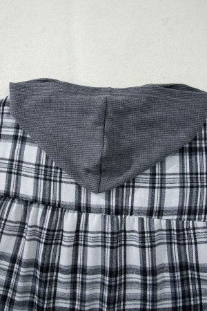Women's Grey Plaid Hooded Blouse with Contrast Cuffs