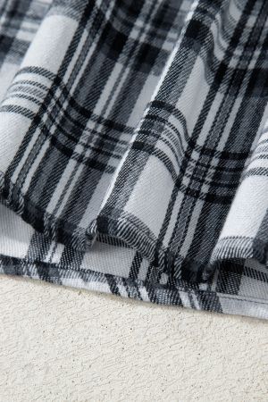 Women's Grey Plaid Hooded Blouse with Contrast Cuffs