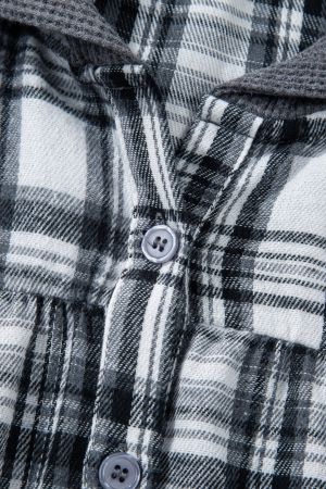 Women's Grey Plaid Hooded Blouse with Contrast Cuffs