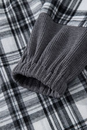 Women's Grey Plaid Hooded Blouse with Contrast Cuffs