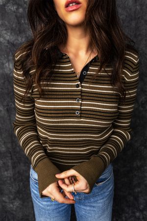 Women's Olive Green Striped Sweater with Collar and Buttons
