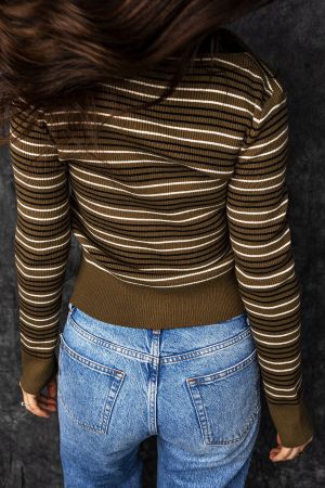Women's Olive Green Striped Sweater with Collar and Buttons