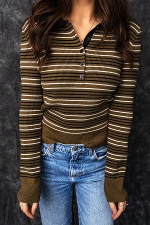 Women's Olive Green Striped Sweater with Collar and Buttons