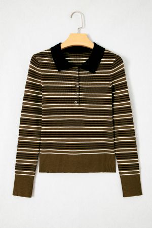 Women's Olive Green Striped Sweater with Collar and Buttons