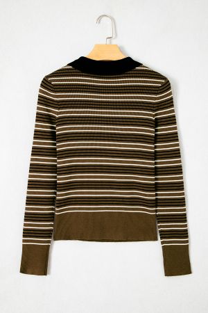 Women's Olive Green Striped Sweater with Collar and Buttons