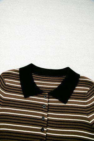 Women's Olive Green Striped Sweater with Collar and Buttons