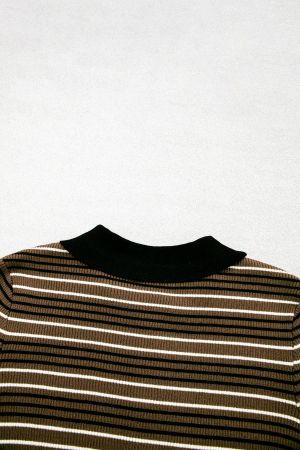 Women's Olive Green Striped Sweater with Collar and Buttons
