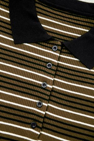 Women's Olive Green Striped Sweater with Collar and Buttons