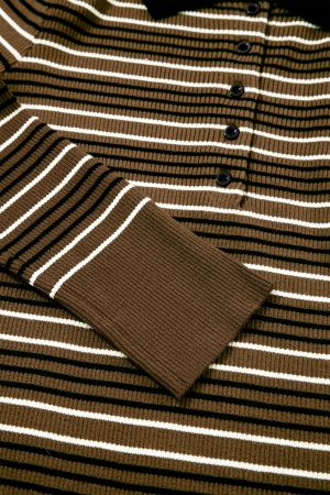 Women's Olive Green Striped Sweater with Collar and Buttons