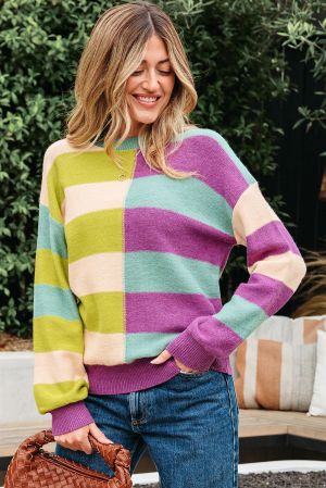 Women's Colorful Knit Sweater with Wide Stripes