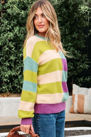 Women's Colorful Knit Sweater with Wide Stripes