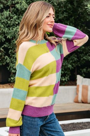 Women's Colorful Knit Sweater with Wide Stripes